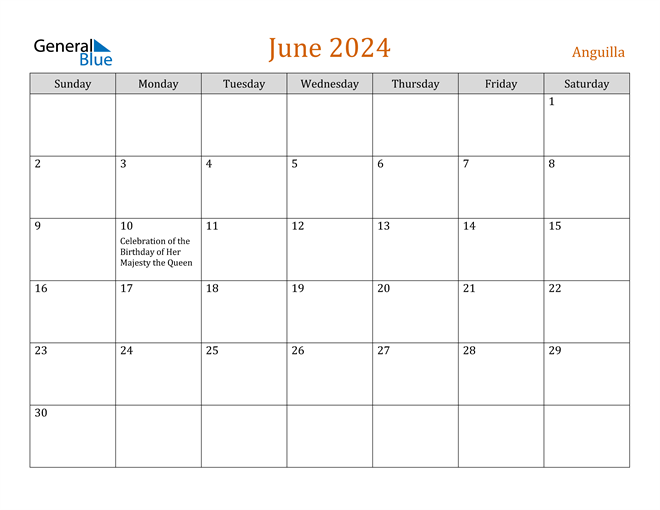 Anguilla June 2024 Calendar with Holidays