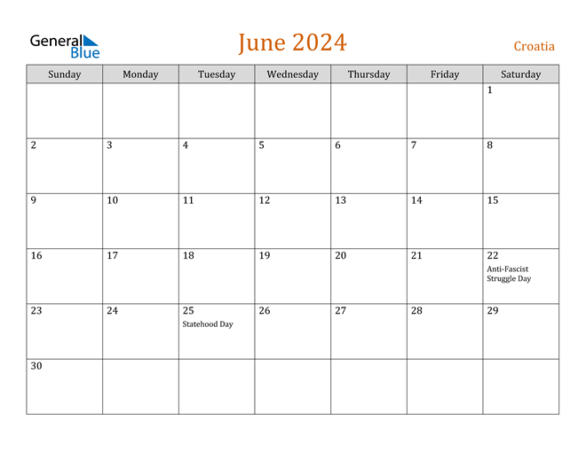Croatia June 2024 Calendar with Holidays