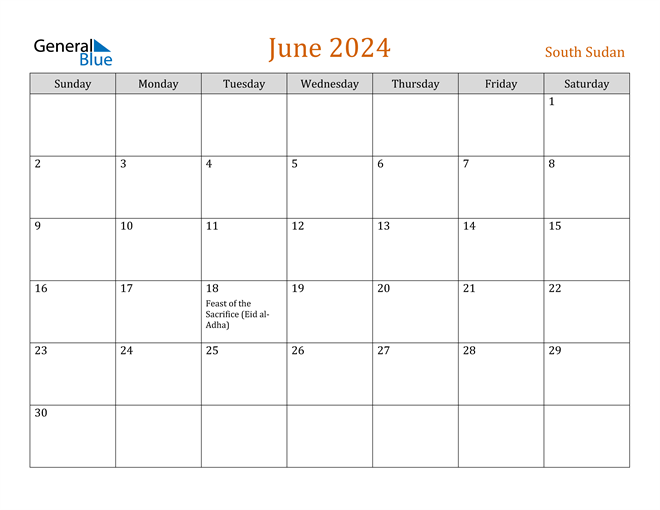 South Sudan June 2024 Calendar with Holidays