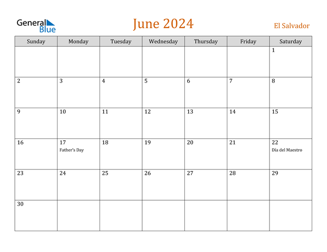 El Salvador June 2024 Calendar with Holidays