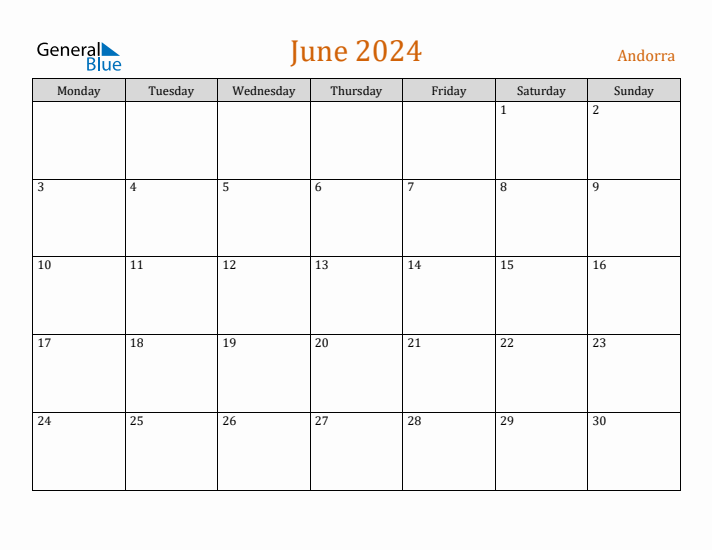 June 2024 Andorra Monthly Calendar with Holidays