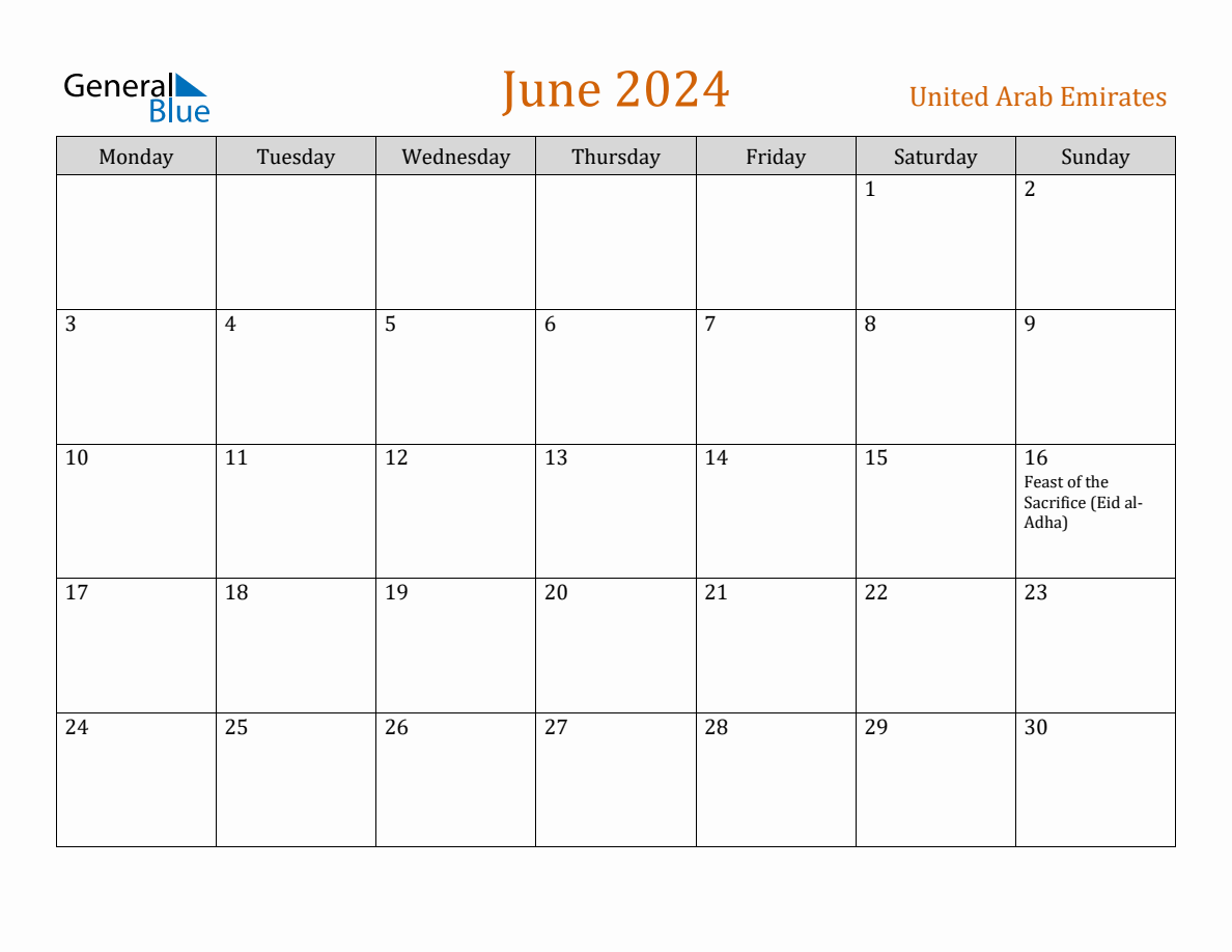 Free June 2024 United Arab Emirates Calendar