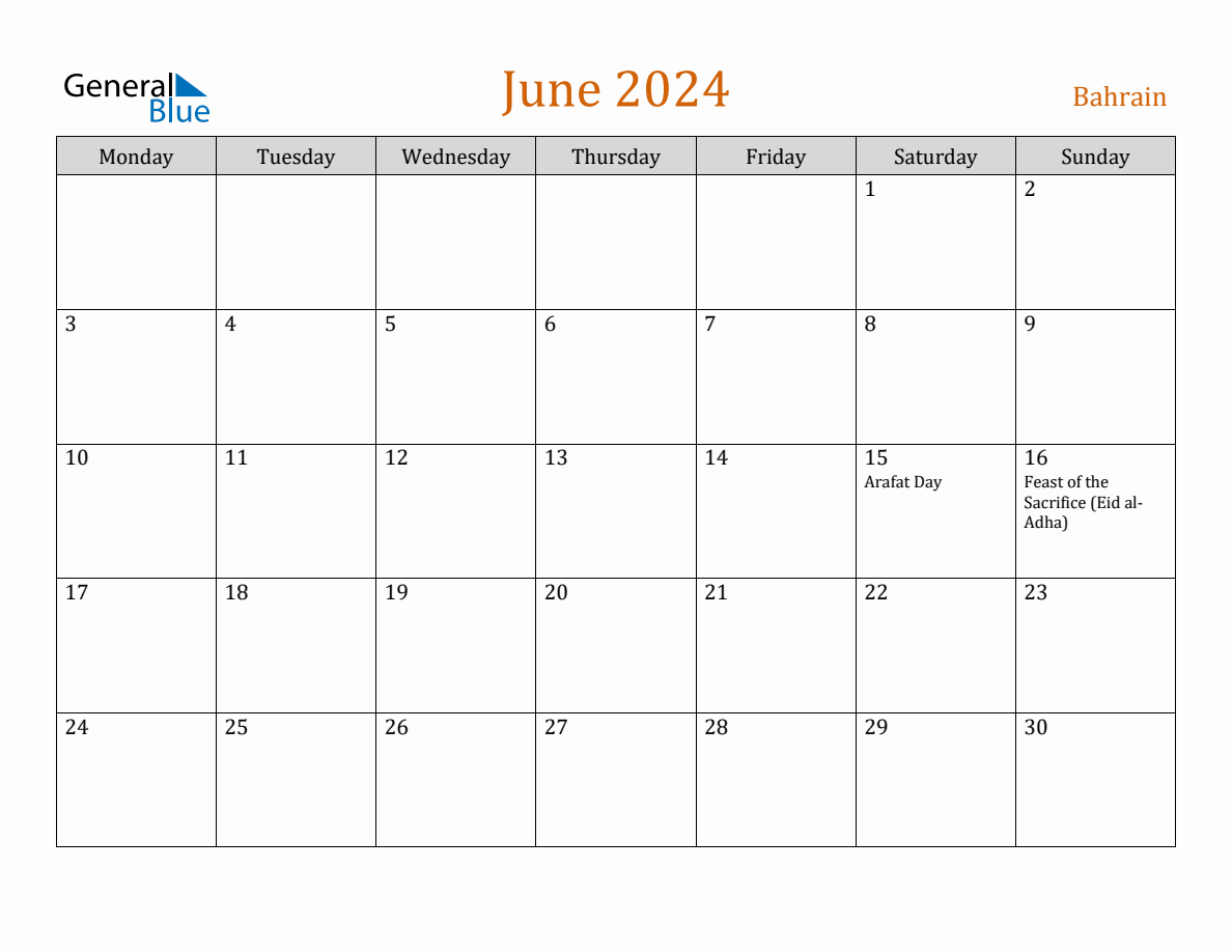 Free June 2024 Bahrain Calendar