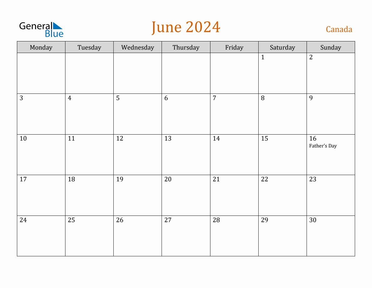 Free June 2024 Canada Calendar