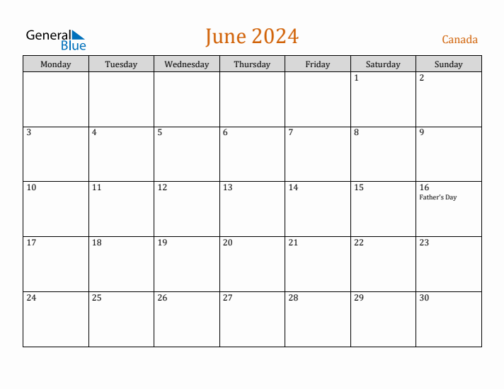 June 2024 Canada Monthly Calendar with Holidays