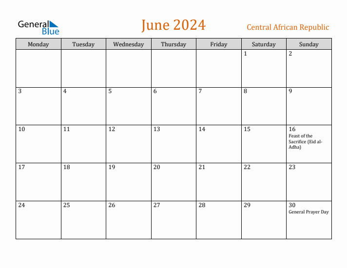 June 2024 Holiday Calendar with Monday Start