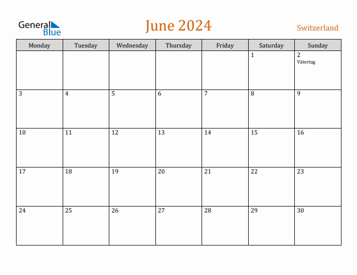 June 2024 Holiday Calendar with Monday Start