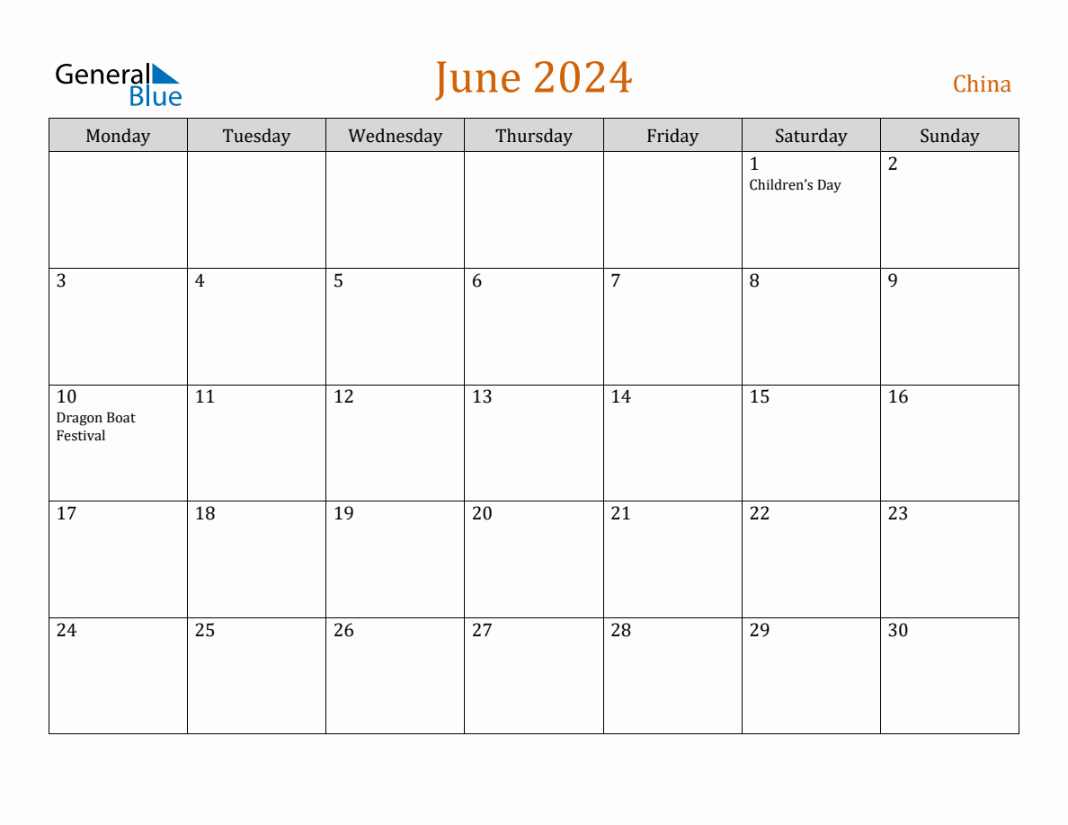 Free June 2024 China Calendar