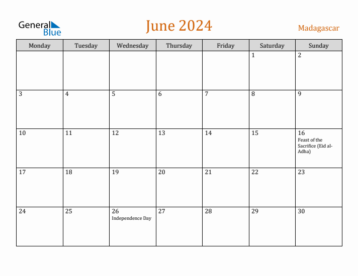 June 2024 Holiday Calendar with Monday Start