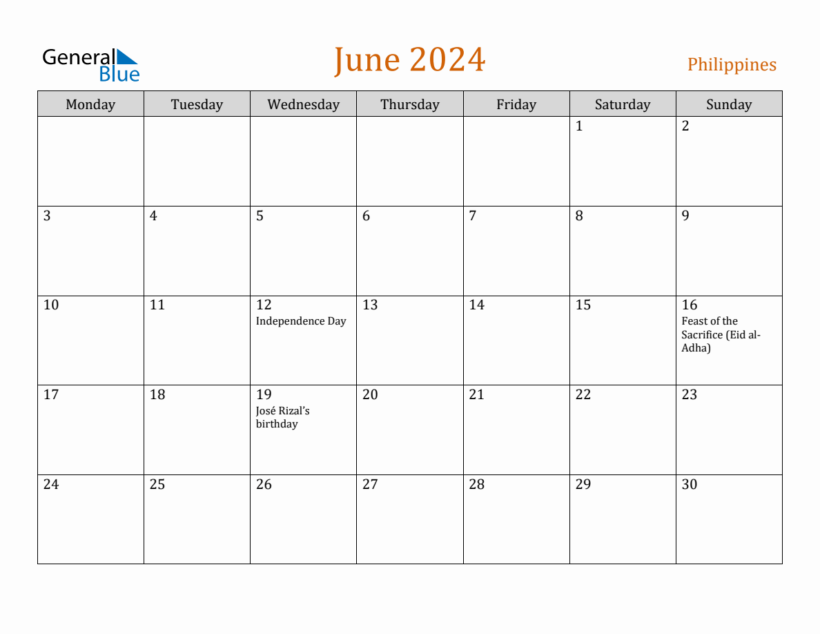 Free June 2024 Philippines Calendar