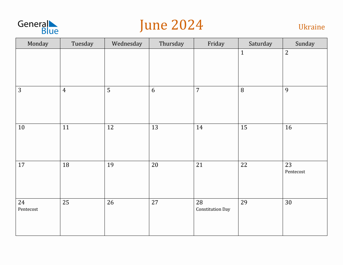 Free June 2024 Ukraine Calendar