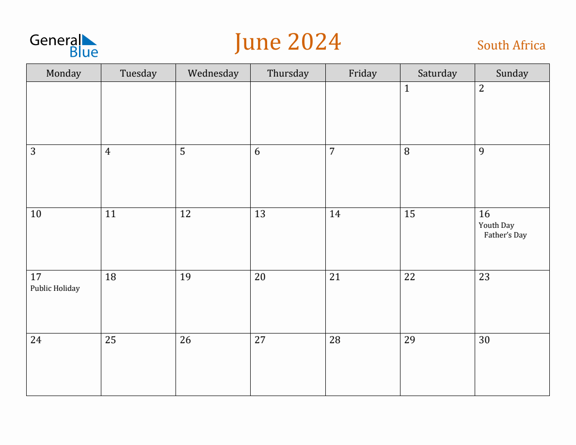 Free June 2024 South Africa Calendar