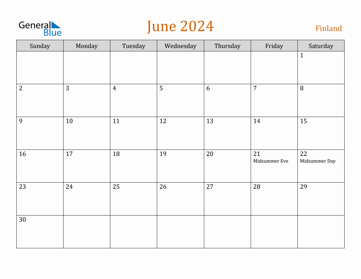 Free June 2024 Finland Calendar