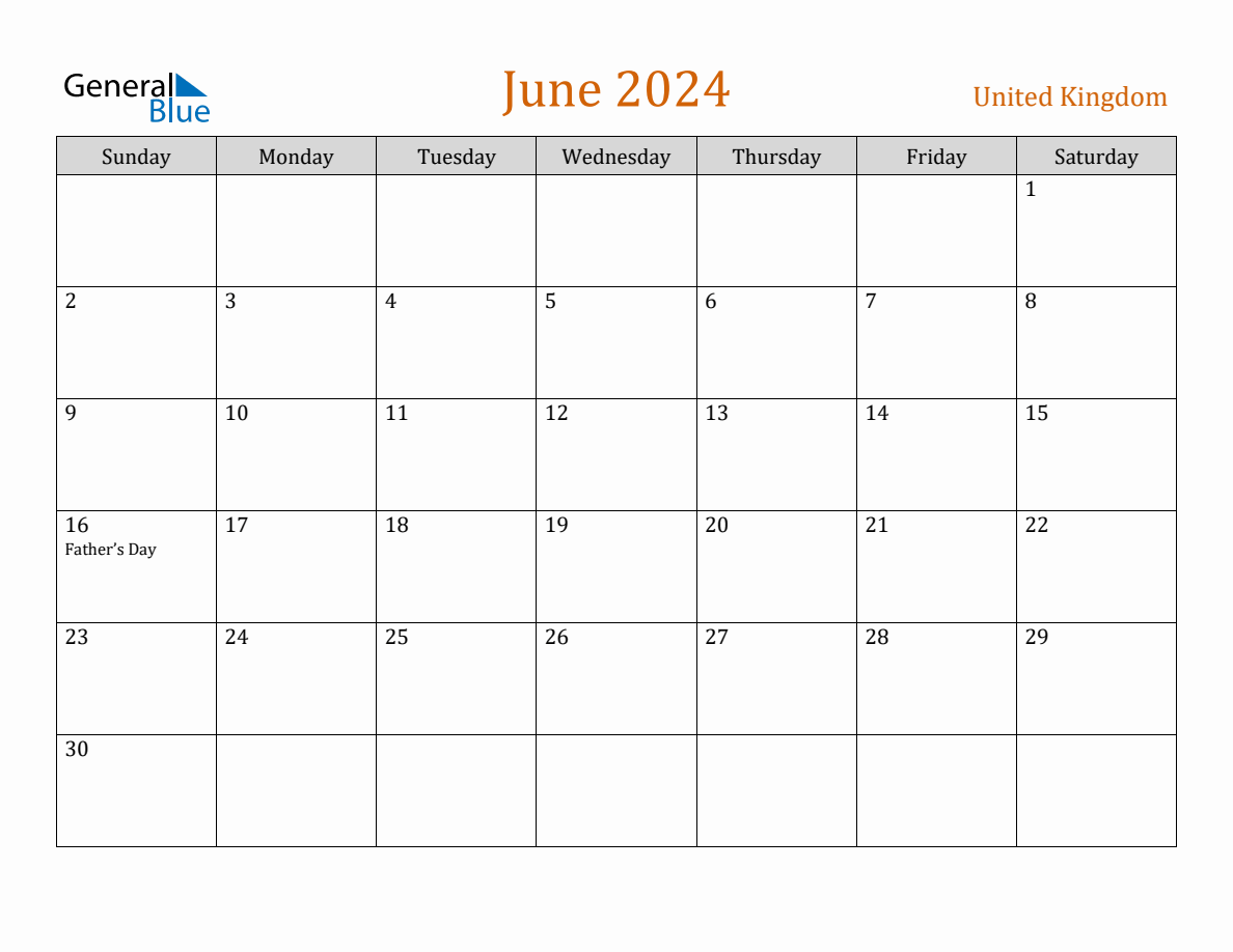 Free June 2024 United Kingdom Calendar