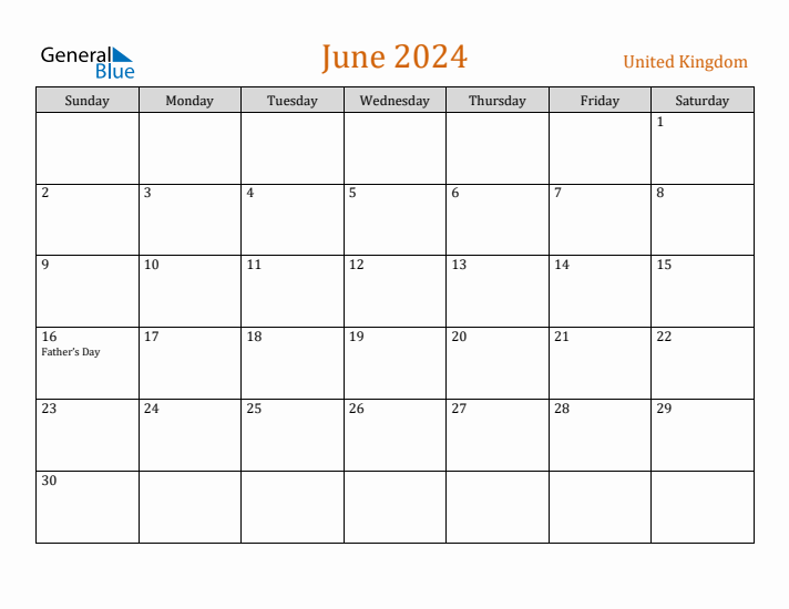 Free June 2024 United Kingdom Calendar
