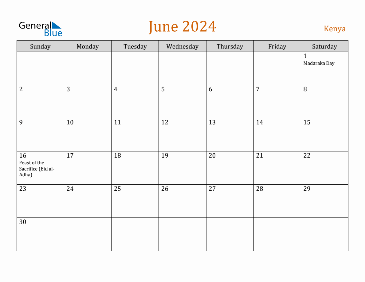 Free June 2024 Kenya Calendar