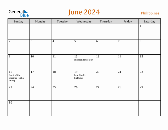 June 2024 Monthly Calendar with Philippines Holidays