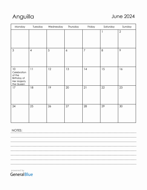 June 2024 Anguilla Calendar with Holidays (Monday Start)