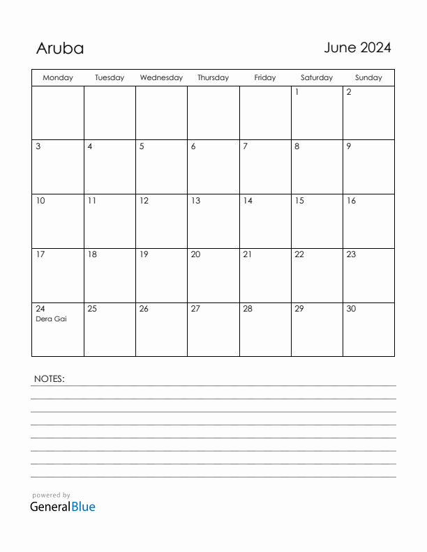 June 2024 Aruba Calendar with Holidays (Monday Start)