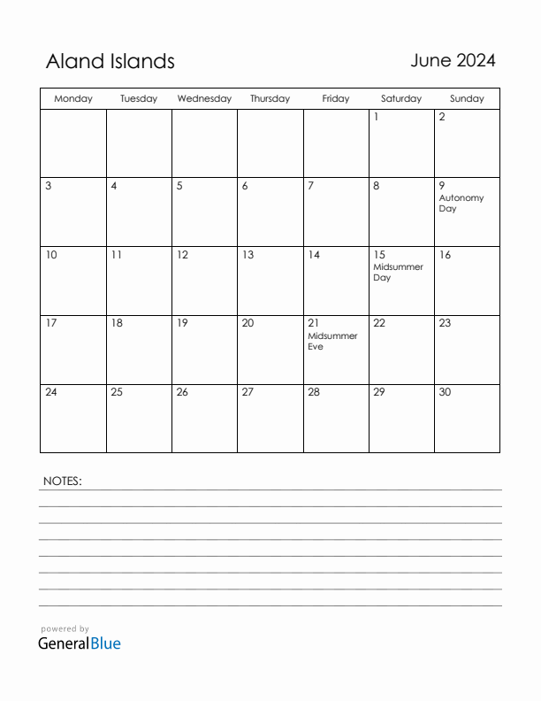 June 2024 Aland Islands Calendar with Holidays (Monday Start)
