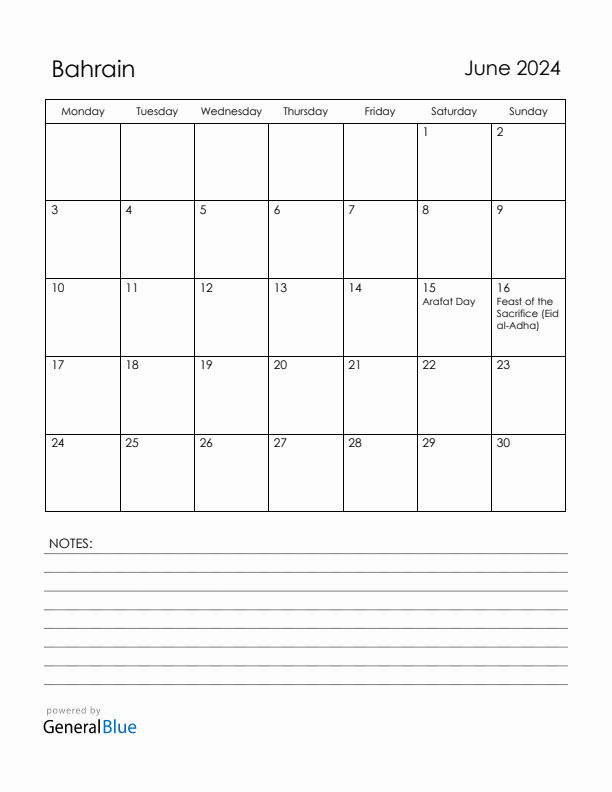 June 2024 Bahrain Calendar with Holidays (Monday Start)
