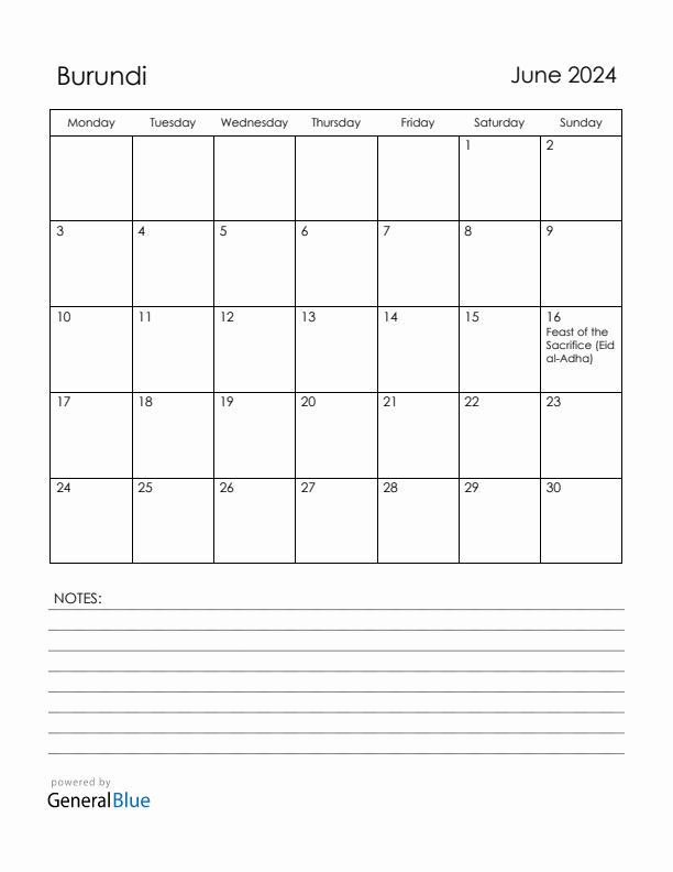 June 2024 Burundi Calendar with Holidays (Monday Start)