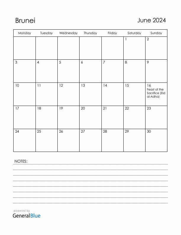 June 2024 Brunei Calendar with Holidays (Monday Start)