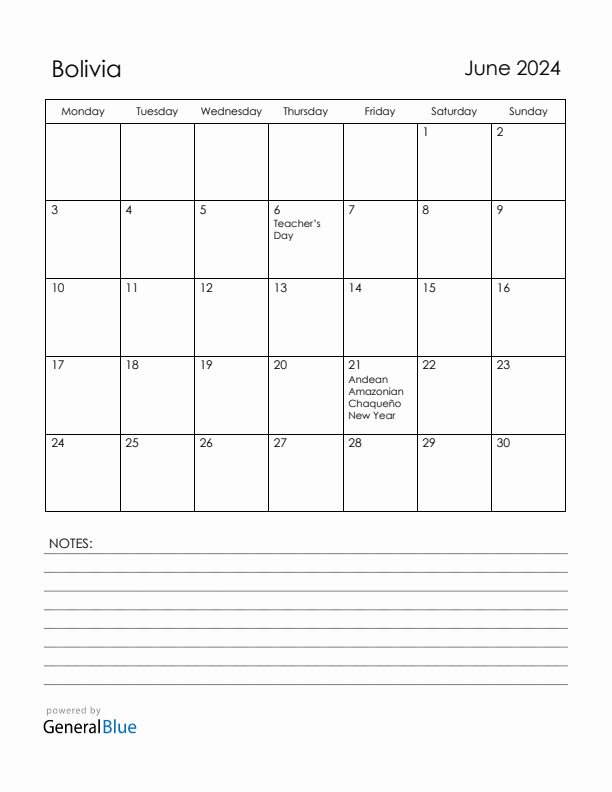 June 2024 Bolivia Calendar with Holidays (Monday Start)