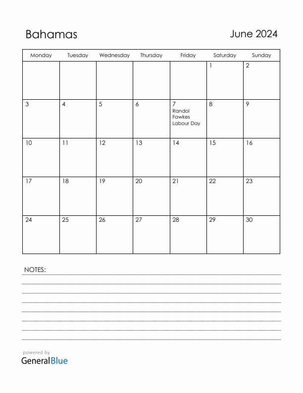 June 2024 Bahamas Calendar with Holidays (Monday Start)