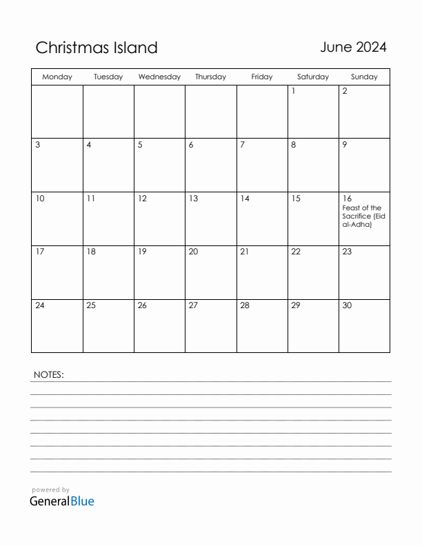June 2024 Christmas Island Calendar with Holidays (Monday Start)