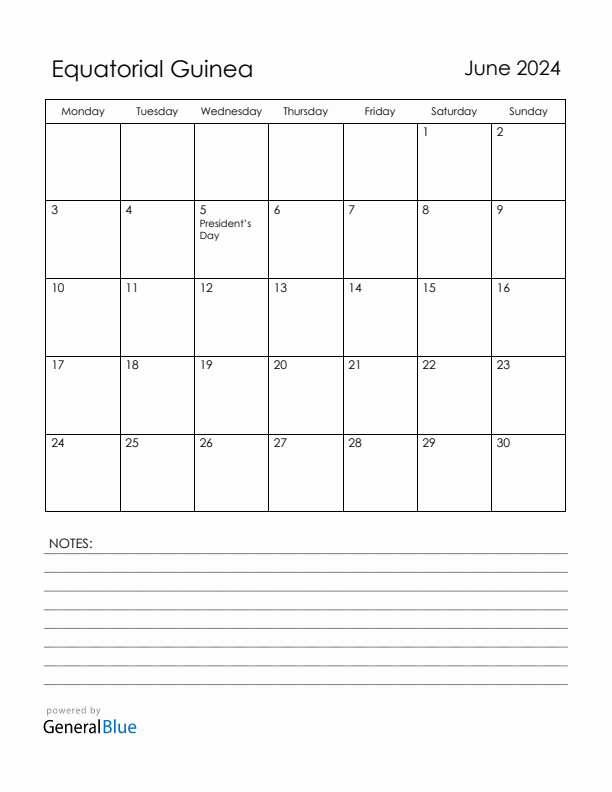 June 2024 Equatorial Guinea Calendar with Holidays (Monday Start)