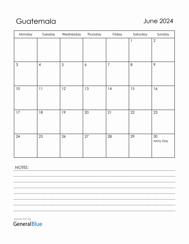 June 2024 Guatemala Calendar with Holidays (Monday Start)
