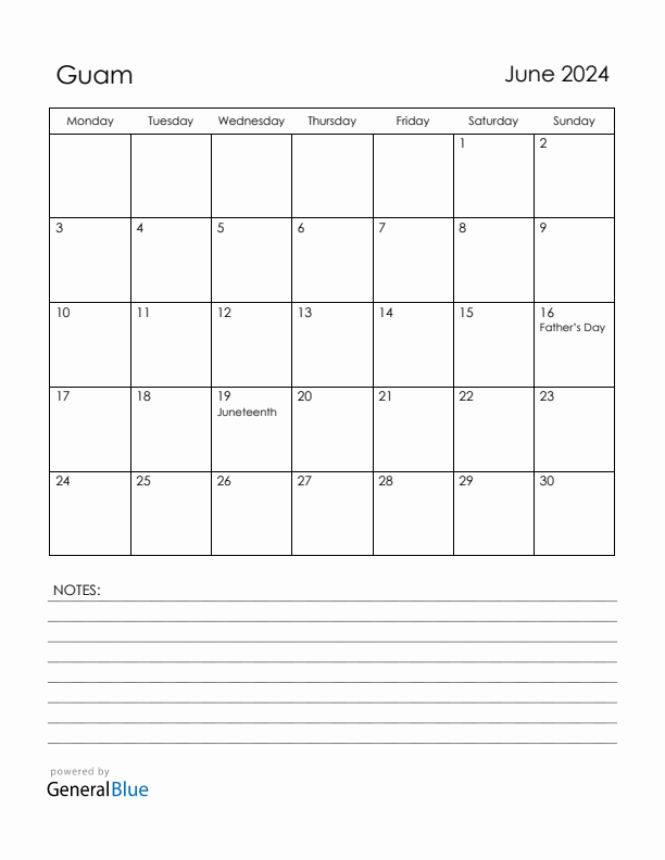 June 2024 Guam Calendar with Holidays (Monday Start)