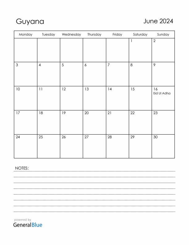 June 2024 Guyana Calendar with Holidays (Monday Start)
