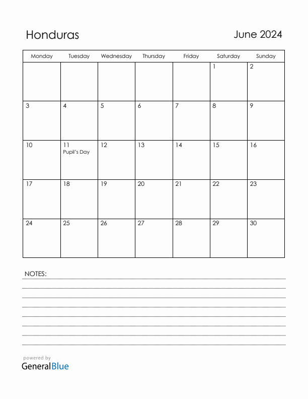 June 2024 Honduras Calendar with Holidays (Monday Start)