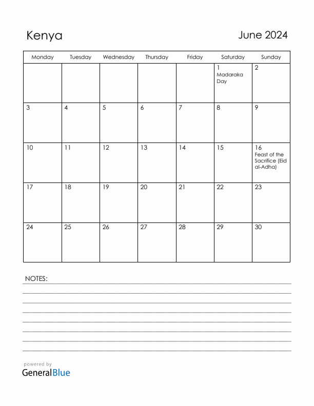 June 2024 Kenya Calendar with Holidays (Monday Start)