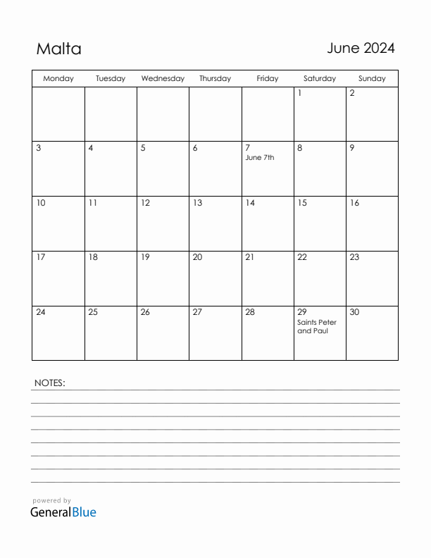 June 2024 Malta Calendar with Holidays (Monday Start)