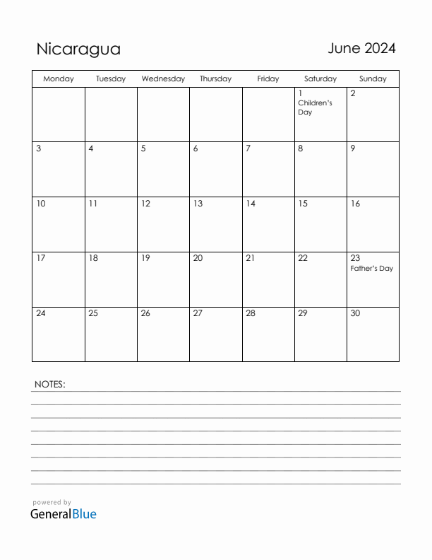 June 2024 Nicaragua Calendar with Holidays (Monday Start)