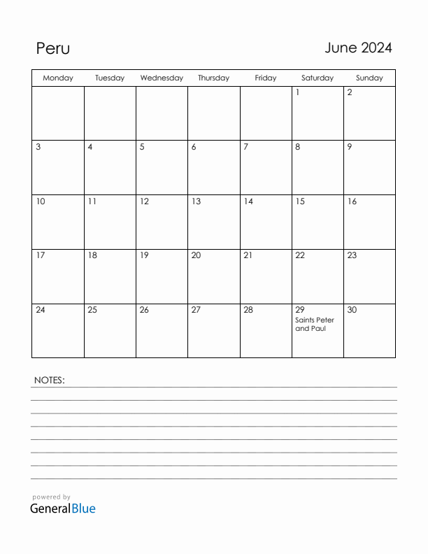 June 2024 Peru Calendar with Holidays (Monday Start)