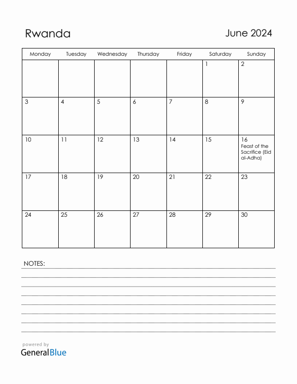 June 2024 Rwanda Calendar with Holidays (Monday Start)