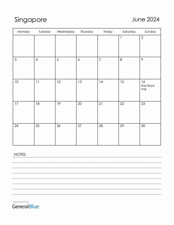 June 2024 Singapore Calendar with Holidays (Monday Start)