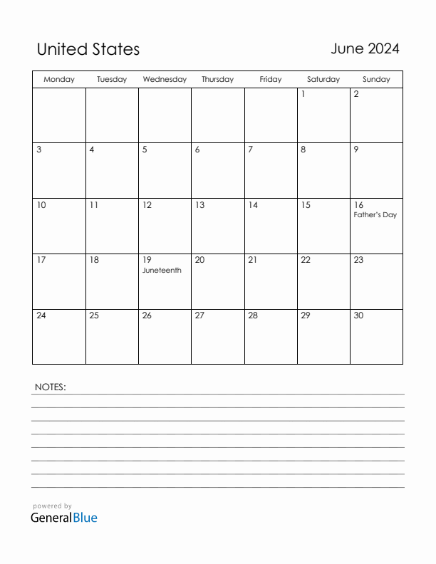 June 2024 United States Calendar with Holidays (Monday Start)