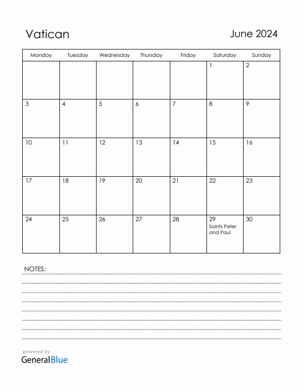 June 2024 Vatican Monthly Calendar with Holidays