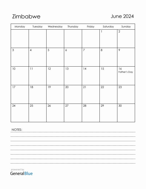 June 2024 Zimbabwe Calendar with Holidays (Monday Start)