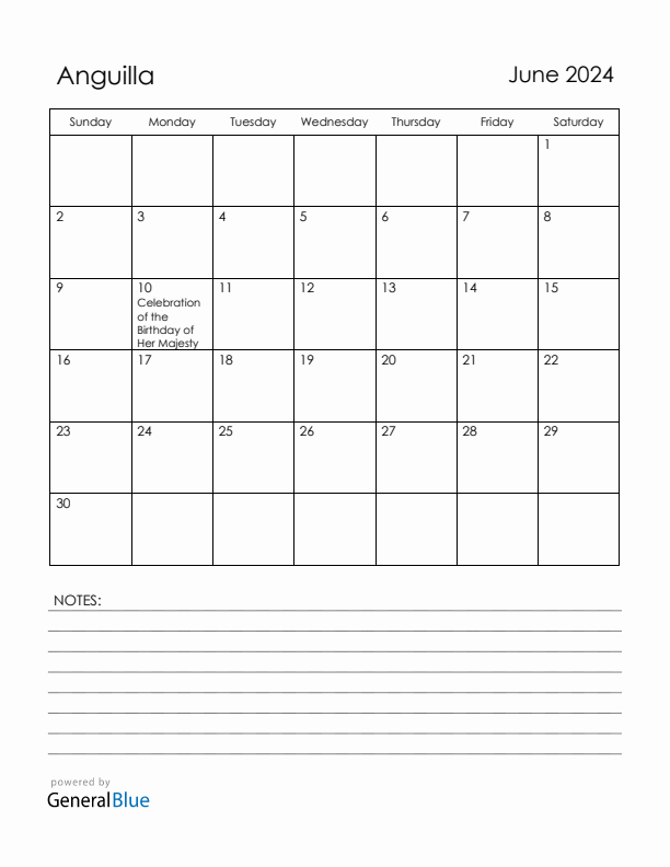 June 2024 Anguilla Calendar with Holidays (Sunday Start)