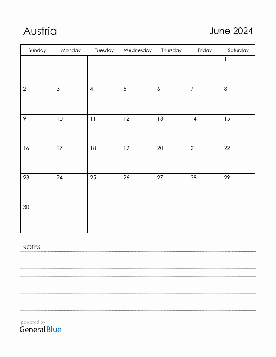 June 2024 Austria Calendar with Holidays