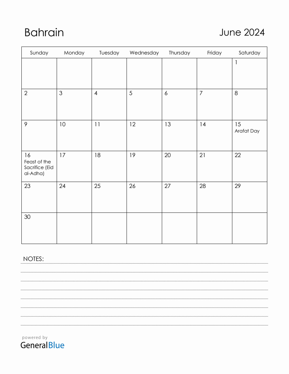 June 2024 Bahrain Calendar with Holidays