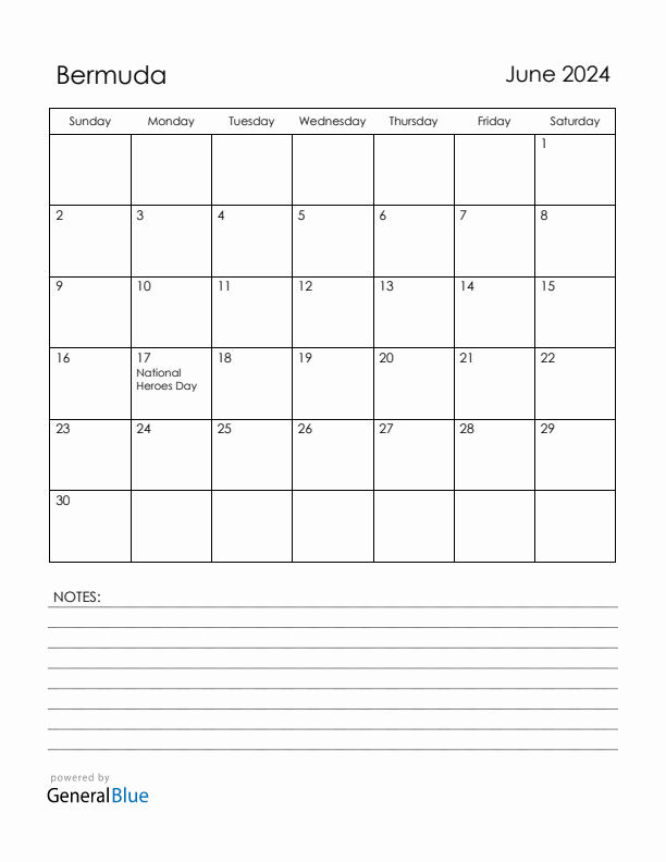 June 2024 Bermuda Calendar with Holidays (Sunday Start)