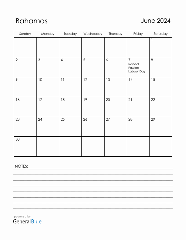 June 2024 Bahamas Calendar with Holidays (Sunday Start)