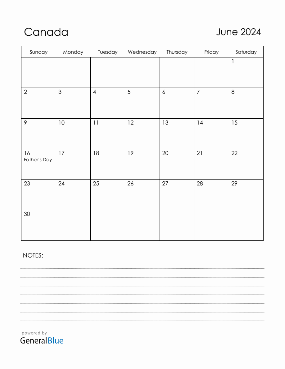 June 2024 Canada Calendar with Holidays